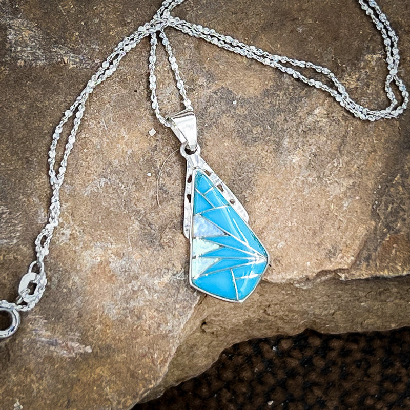 Sterling Silver Turquoise Mosaic Kite Shaped Necklace