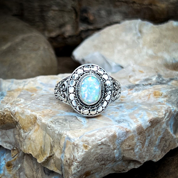 Sterling Silver Dotted and Scrolled White Opal Ring