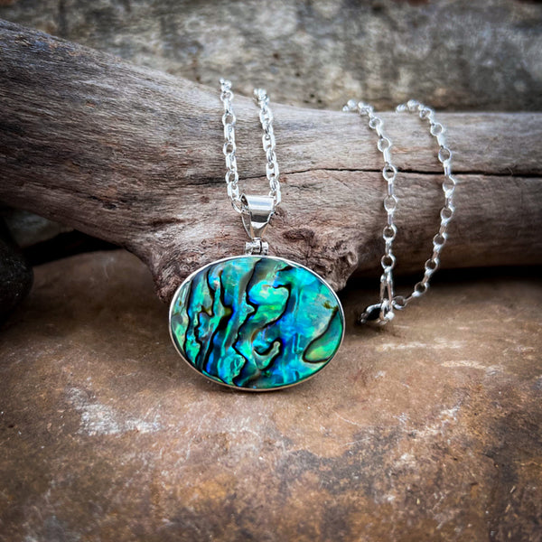 Sterling Silver Horizontal Abalone Oval Necklace