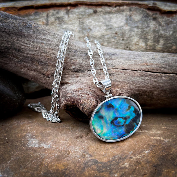 Sterling Silver Horizontal Abalone Oval Necklace