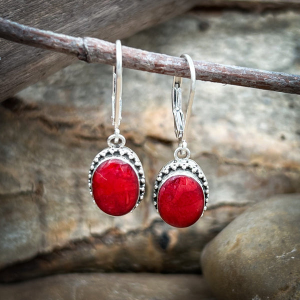 Sterling Red Coral Oval Crown Edge Earrings