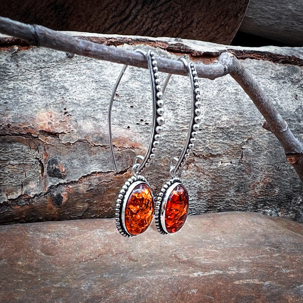 Sterling Silver and Amber Oval Beaded Accent Dangle Earrings